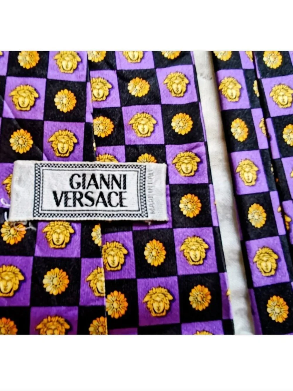 90s GIANNI VERSACE Barocco Acanthus/Medusa Logo Checkerboard Men's Silk Tie